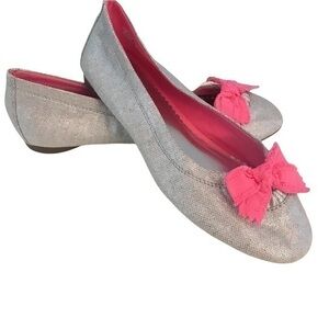 LANDS END NEW GIRLS SILVER METALLIC BALLET FLATS WITH PINK BOW SIZE 3